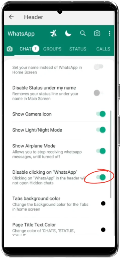How to unhide chat on GB WhatsApp 3 Disable click on WhatsApp feature toggle