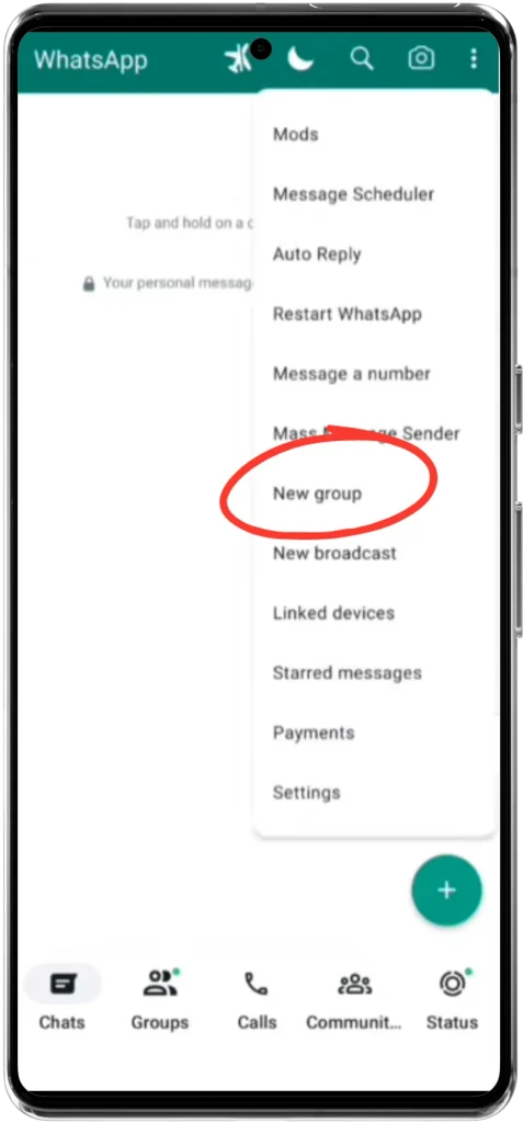 How to create a group on GB WhatsApp 1 New group option